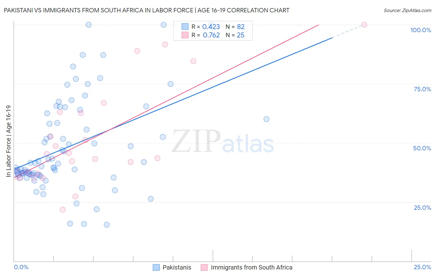 Pakistani vs Immigrants from South Africa In Labor Force | Age 16-19