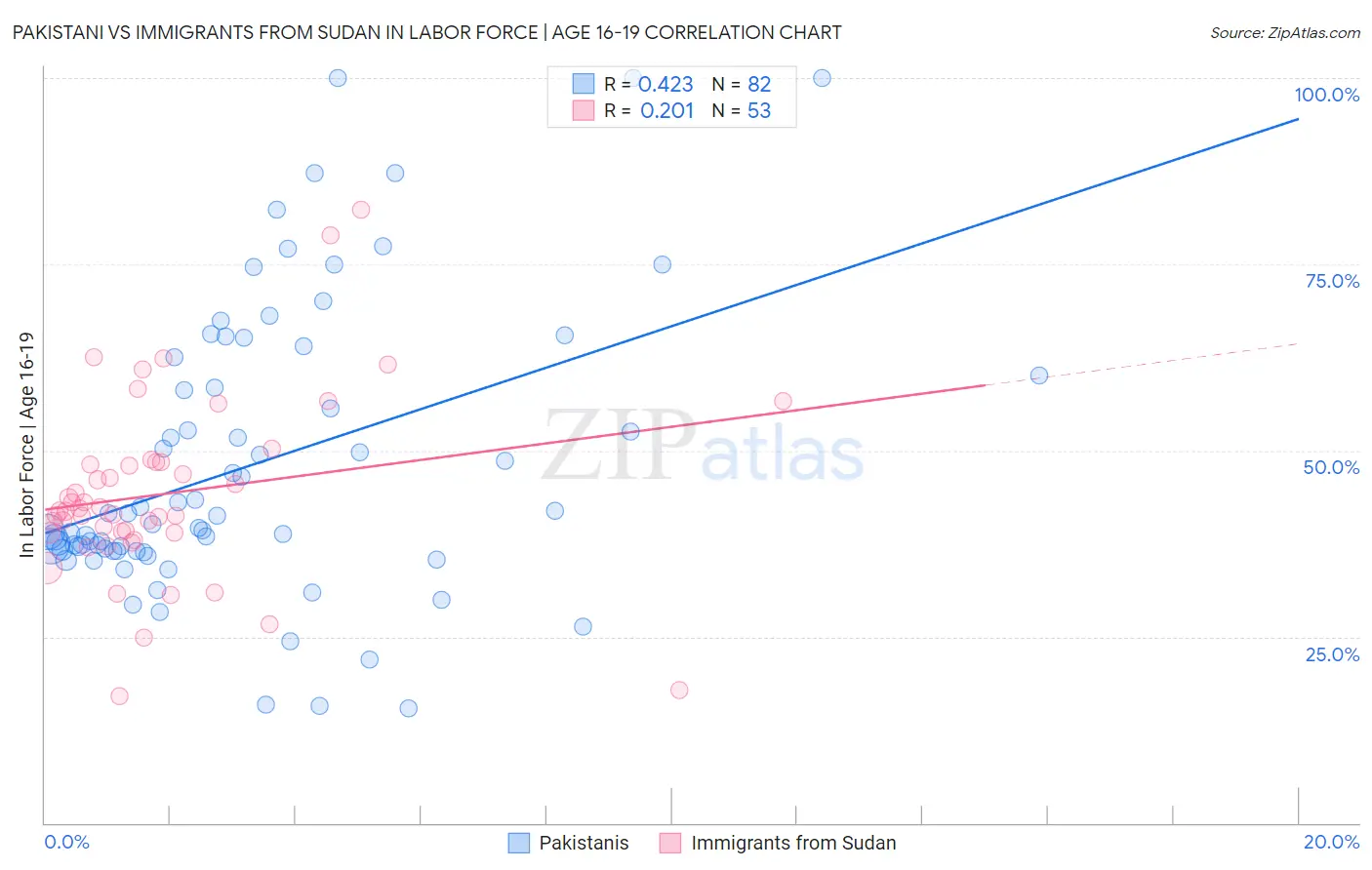 Pakistani vs Immigrants from Sudan In Labor Force | Age 16-19