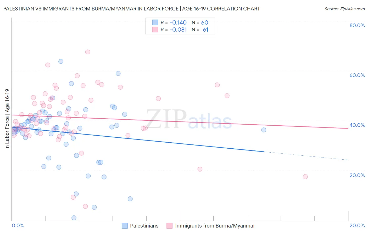 Palestinian vs Immigrants from Burma/Myanmar In Labor Force | Age 16-19