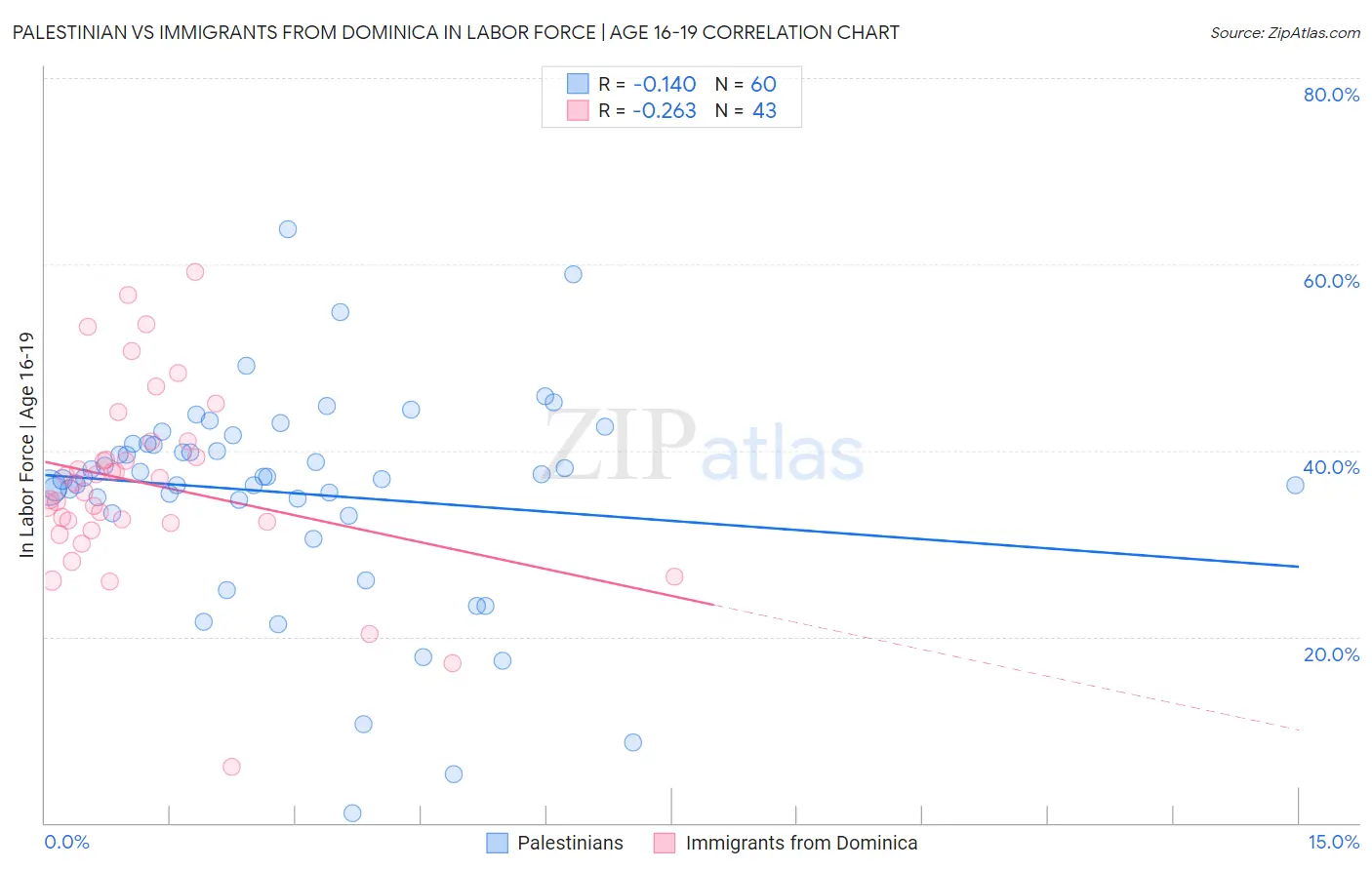 Palestinian vs Immigrants from Dominica In Labor Force | Age 16-19