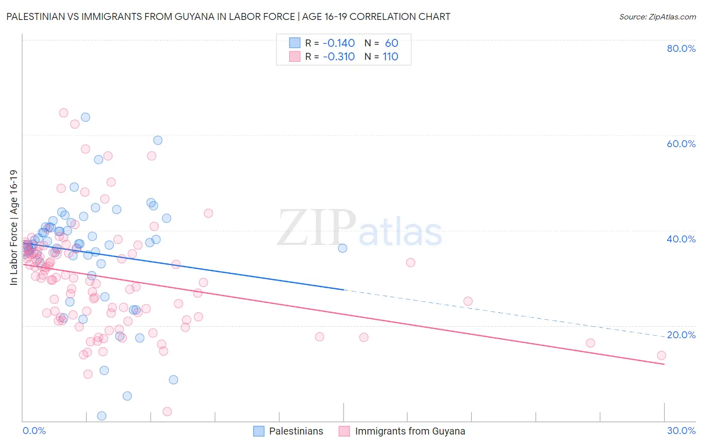 Palestinian vs Immigrants from Guyana In Labor Force | Age 16-19