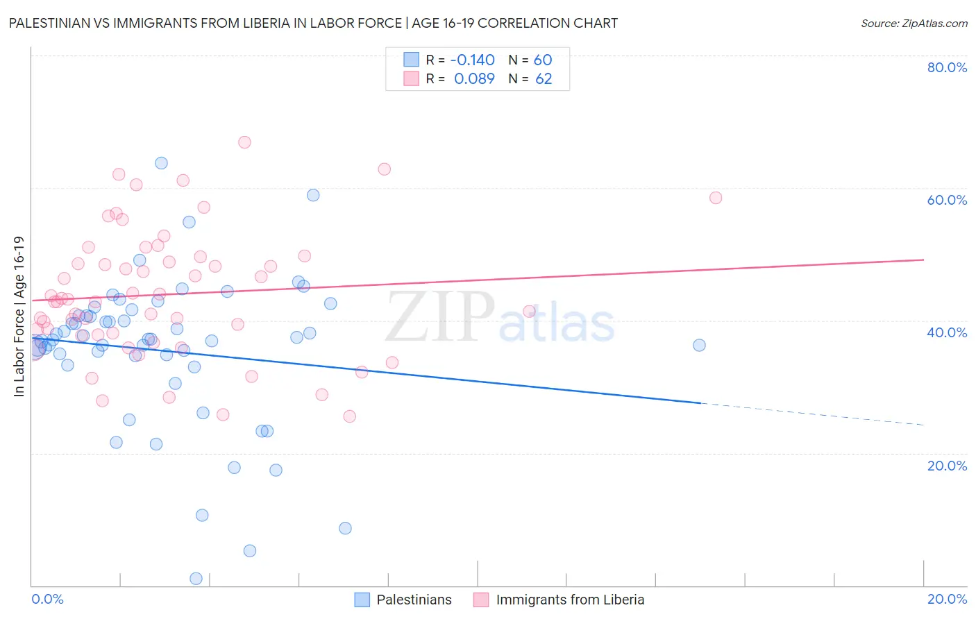 Palestinian vs Immigrants from Liberia In Labor Force | Age 16-19