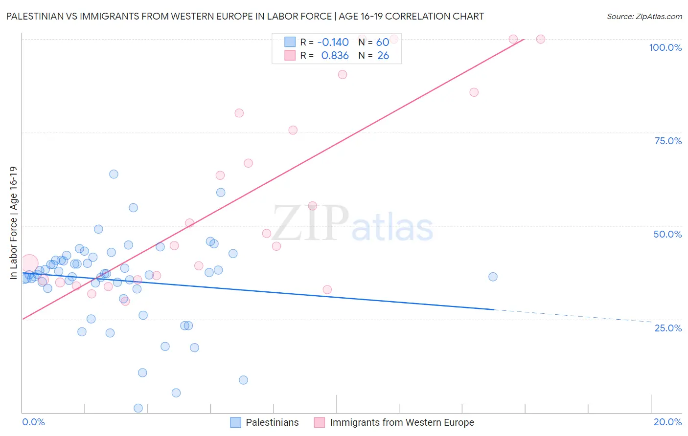 Palestinian vs Immigrants from Western Europe In Labor Force | Age 16-19