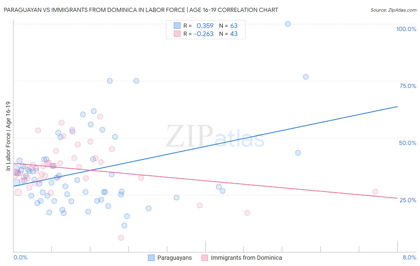 Paraguayan vs Immigrants from Dominica In Labor Force | Age 16-19