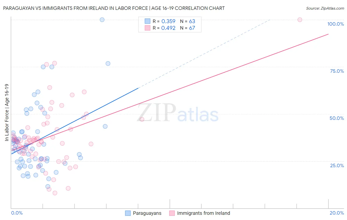 Paraguayan vs Immigrants from Ireland In Labor Force | Age 16-19