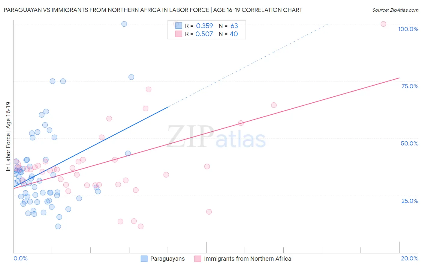 Paraguayan vs Immigrants from Northern Africa In Labor Force | Age 16-19