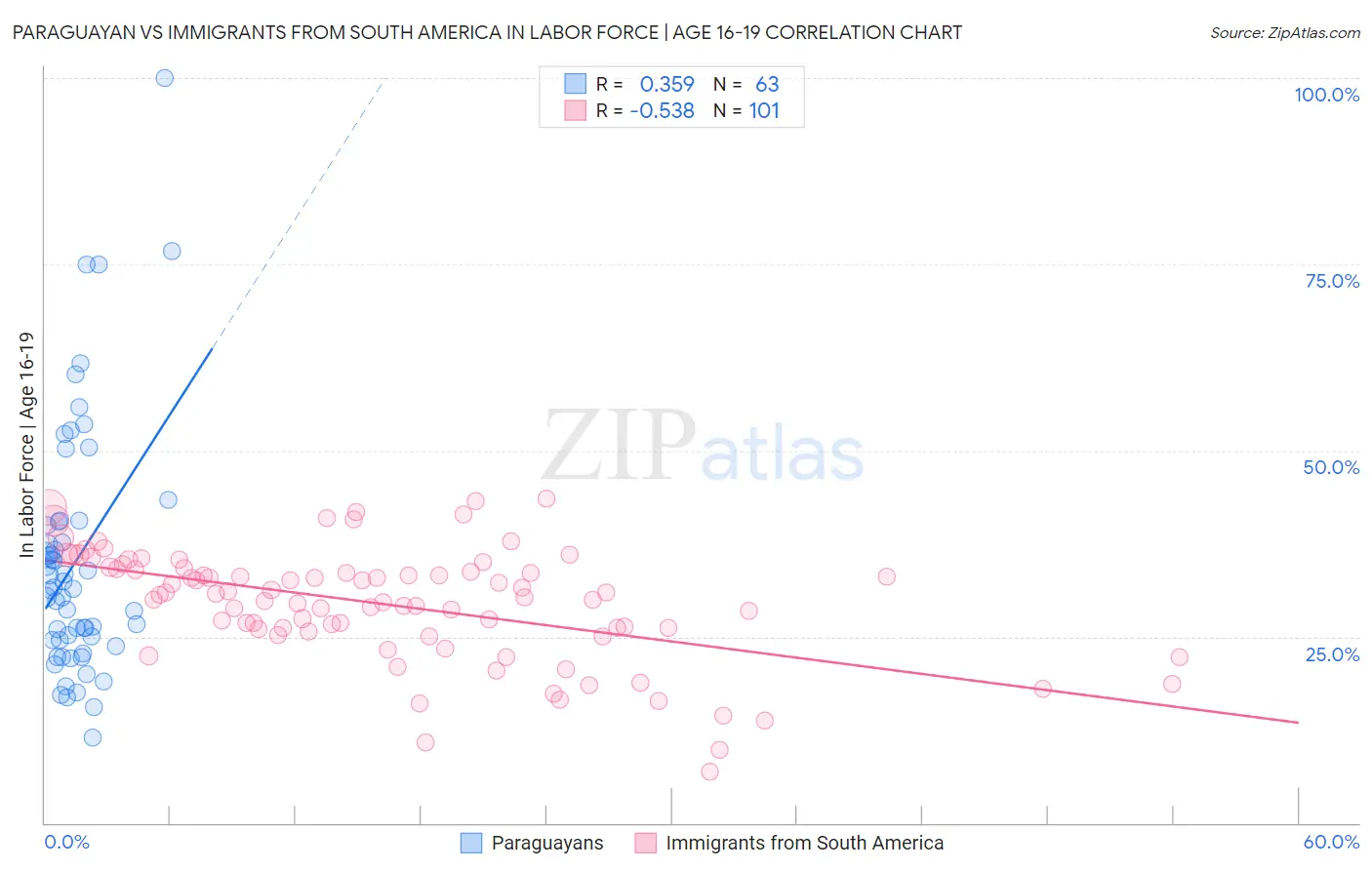 Paraguayan vs Immigrants from South America In Labor Force | Age 16-19