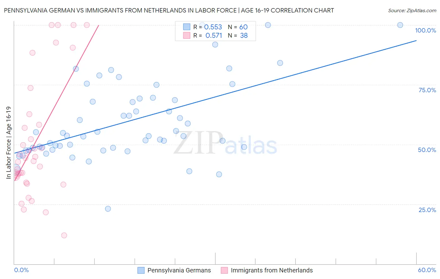 Pennsylvania German vs Immigrants from Netherlands In Labor Force | Age 16-19