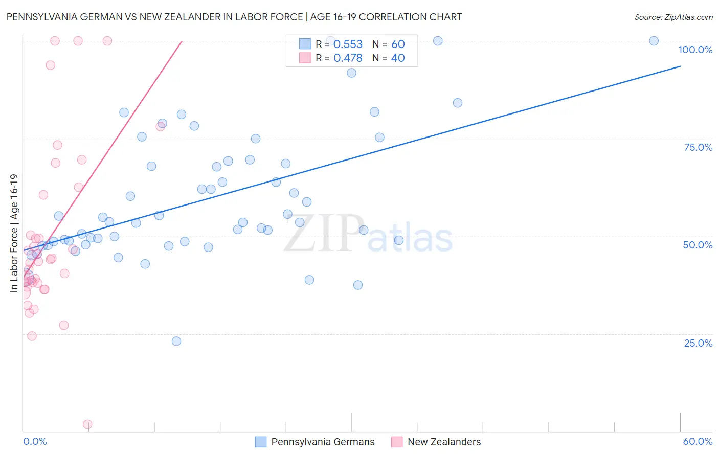 Pennsylvania German vs New Zealander In Labor Force | Age 16-19
