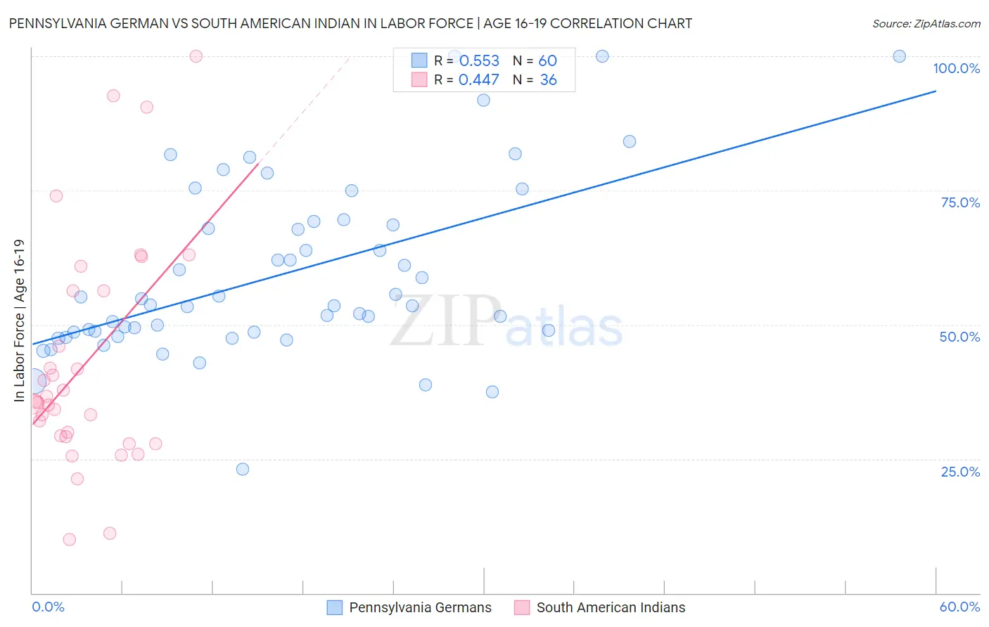 Pennsylvania German vs South American Indian In Labor Force | Age 16-19