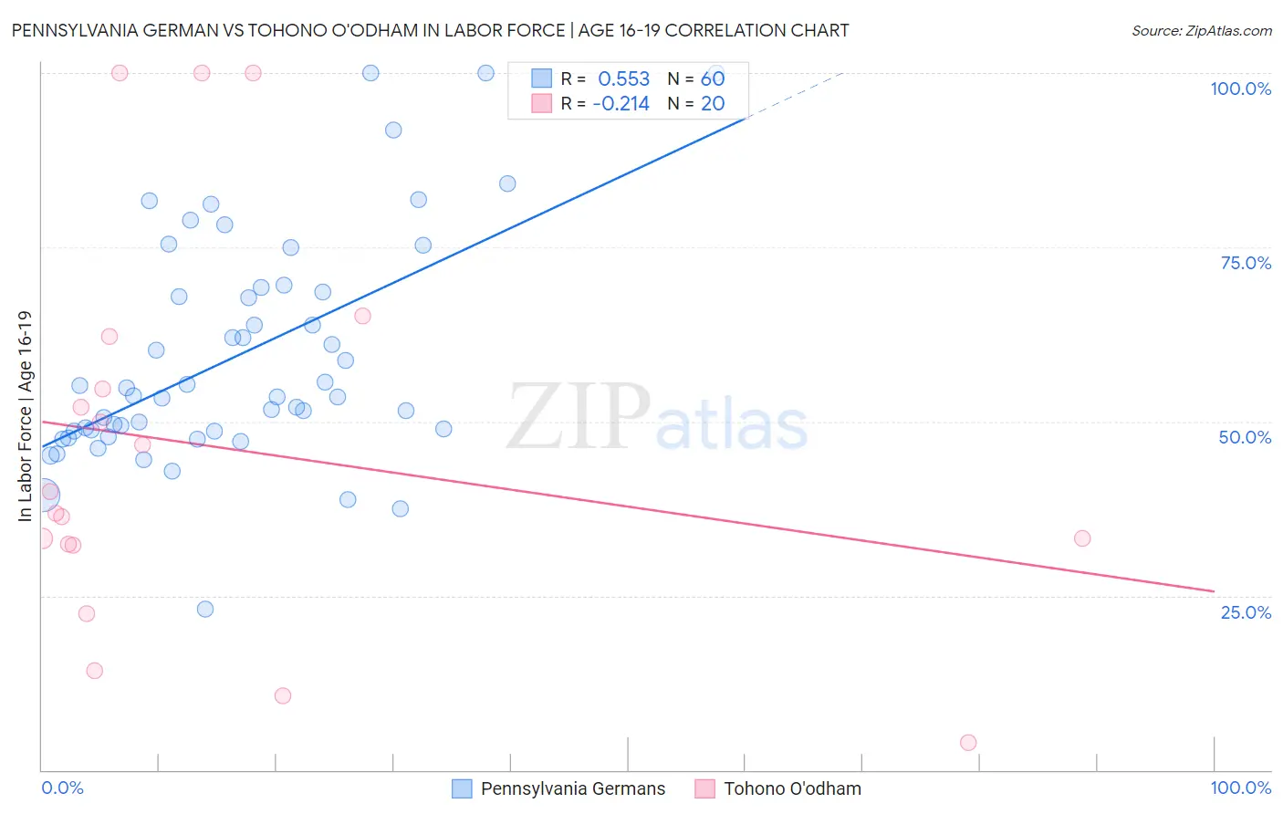 Pennsylvania German vs Tohono O'odham In Labor Force | Age 16-19