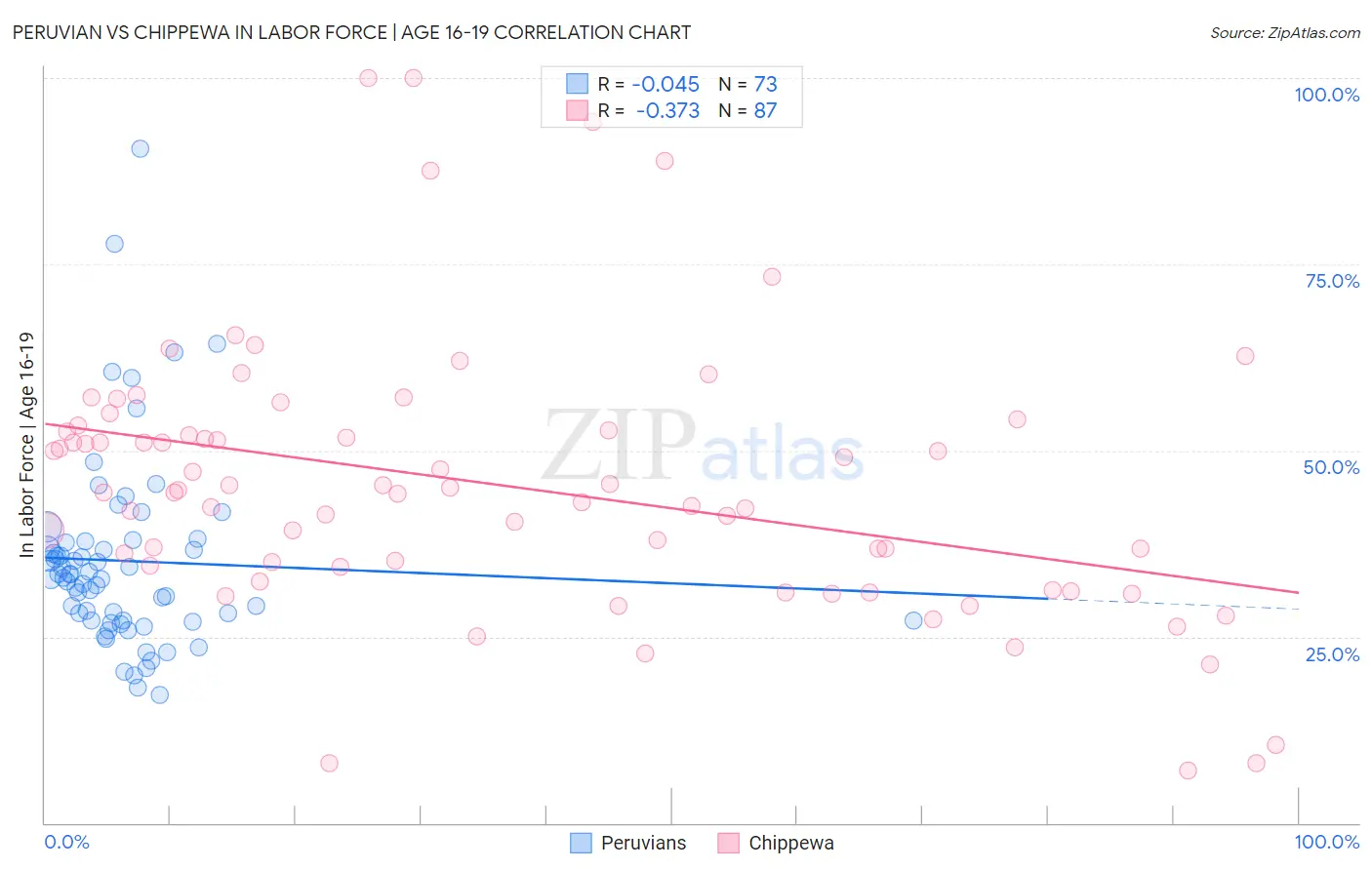 Peruvian vs Chippewa In Labor Force | Age 16-19