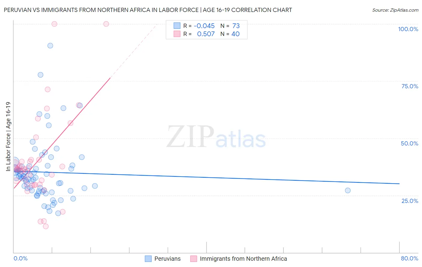 Peruvian vs Immigrants from Northern Africa In Labor Force | Age 16-19