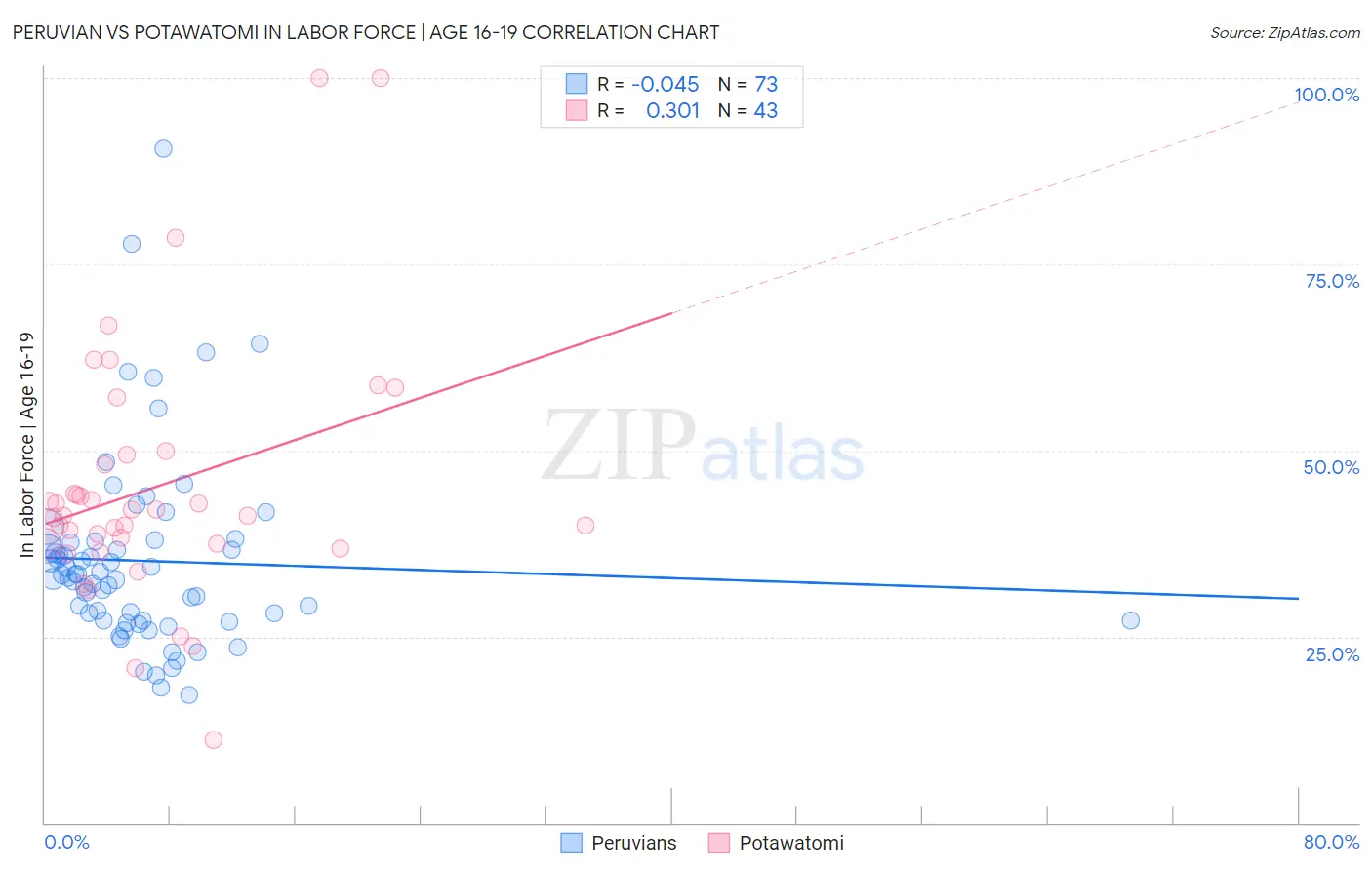 Peruvian vs Potawatomi In Labor Force | Age 16-19
