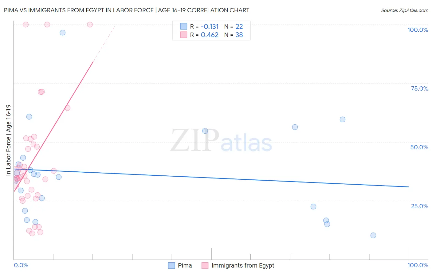 Pima vs Immigrants from Egypt In Labor Force | Age 16-19