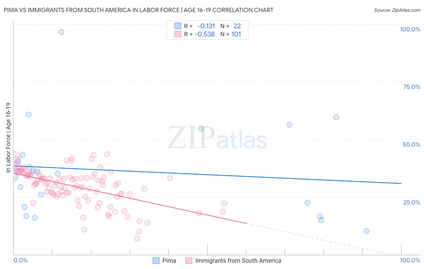 Pima vs Immigrants from South America In Labor Force | Age 16-19