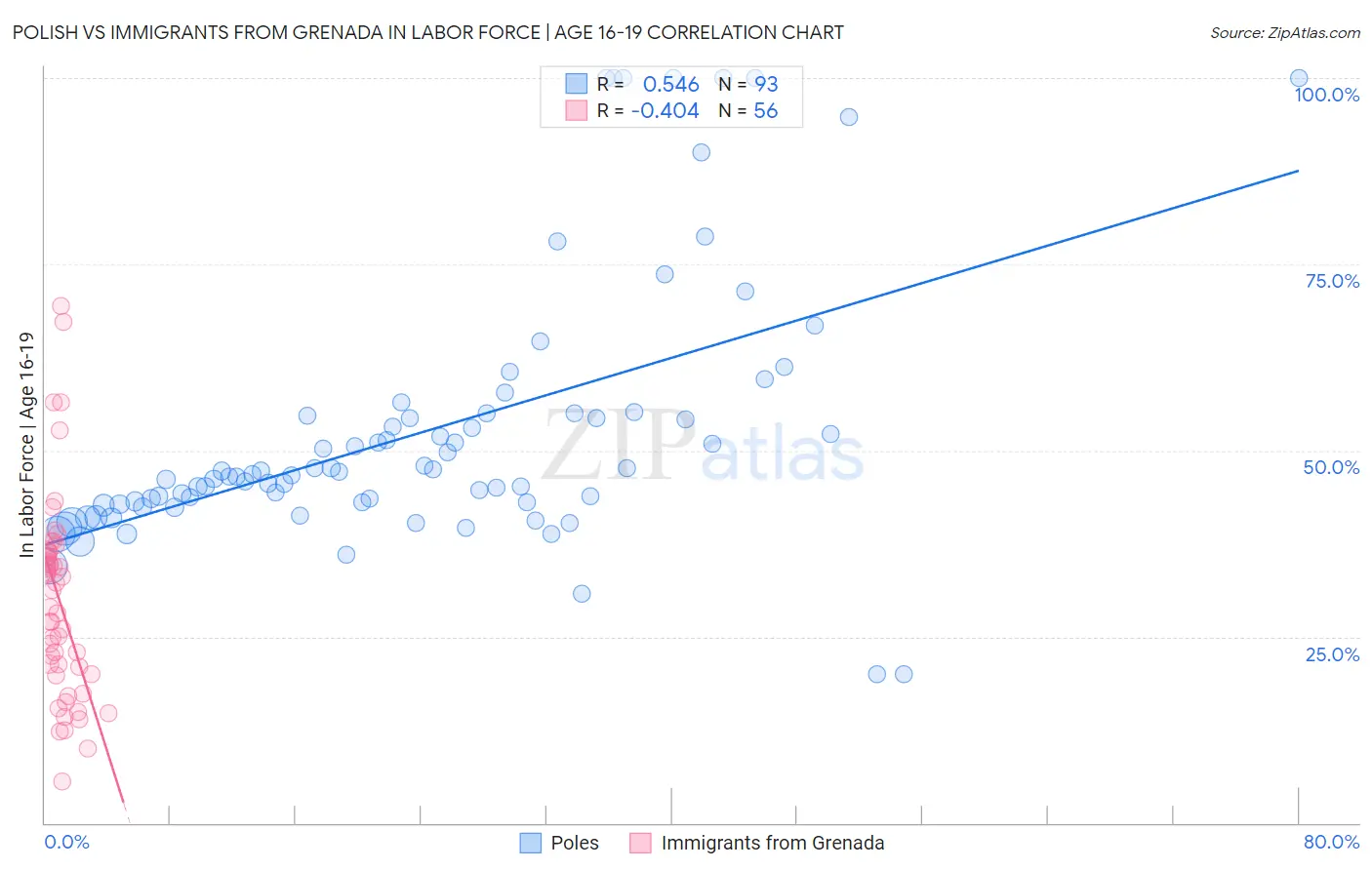 Polish vs Immigrants from Grenada In Labor Force | Age 16-19