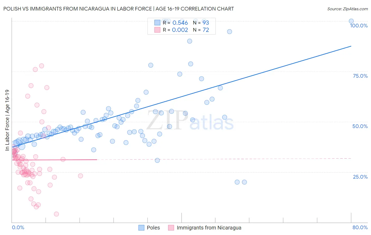 Polish vs Immigrants from Nicaragua In Labor Force | Age 16-19