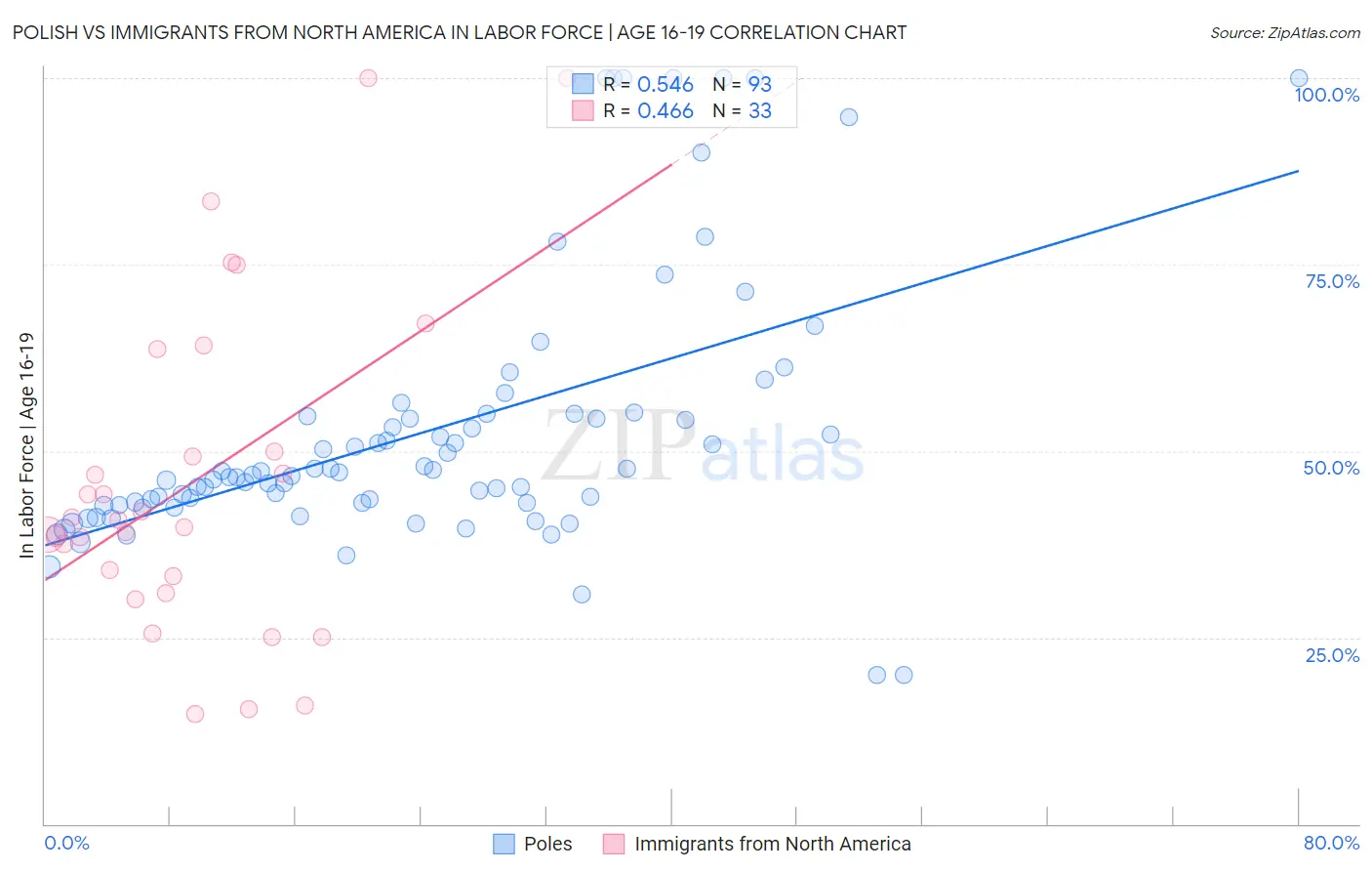 Polish vs Immigrants from North America In Labor Force | Age 16-19