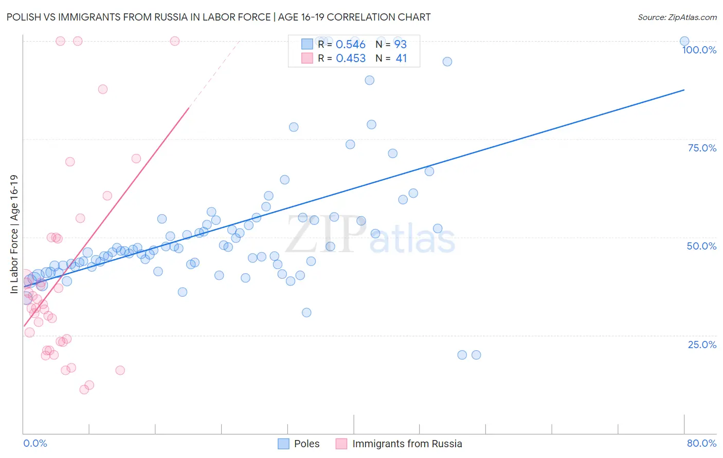 Polish vs Immigrants from Russia In Labor Force | Age 16-19