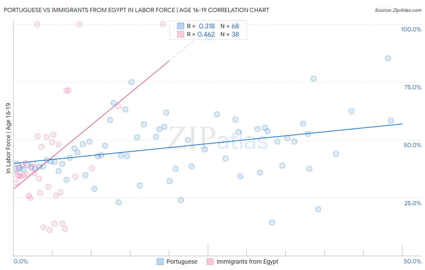 Portuguese vs Immigrants from Egypt In Labor Force | Age 16-19