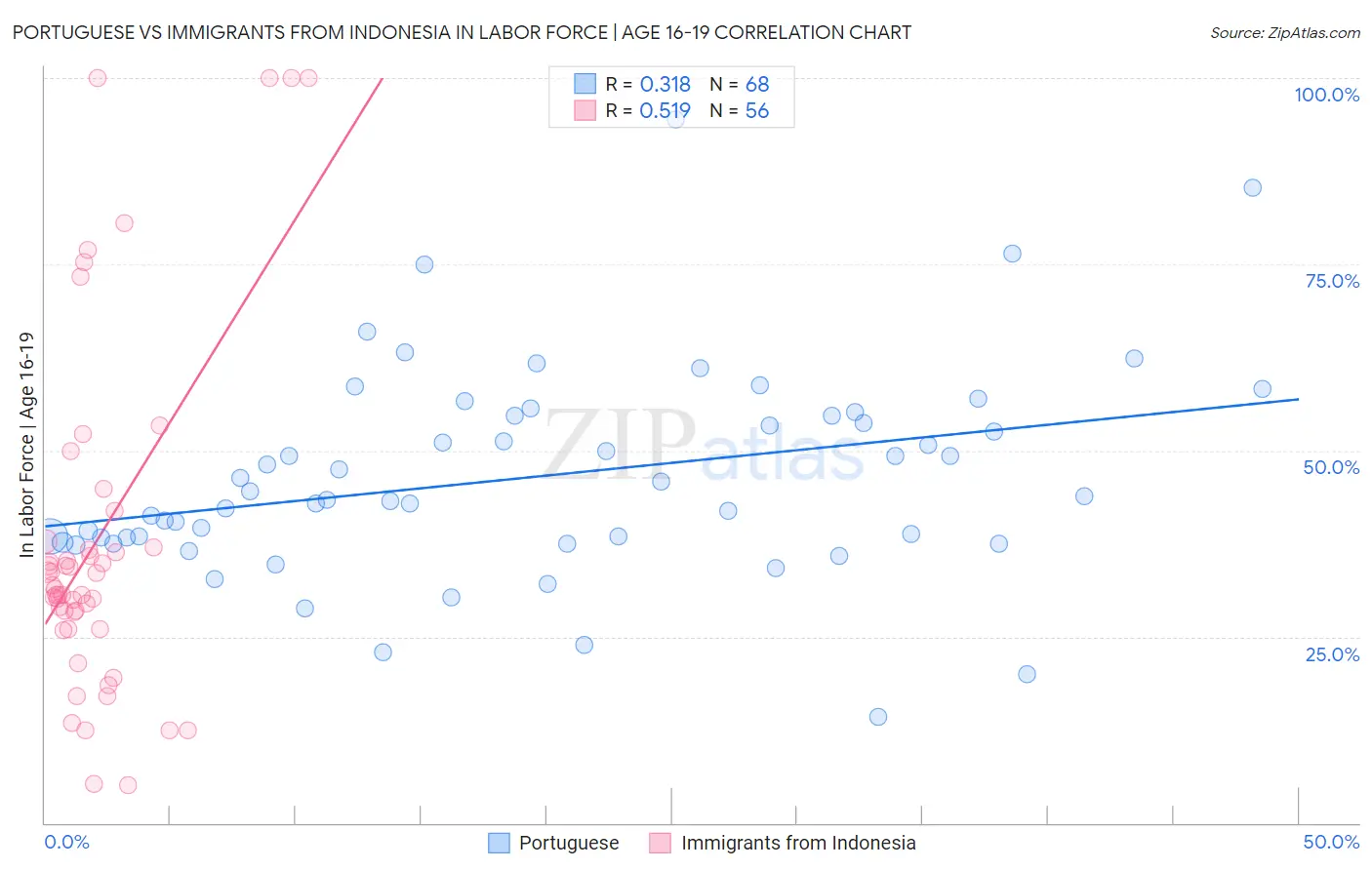 Portuguese vs Immigrants from Indonesia In Labor Force | Age 16-19