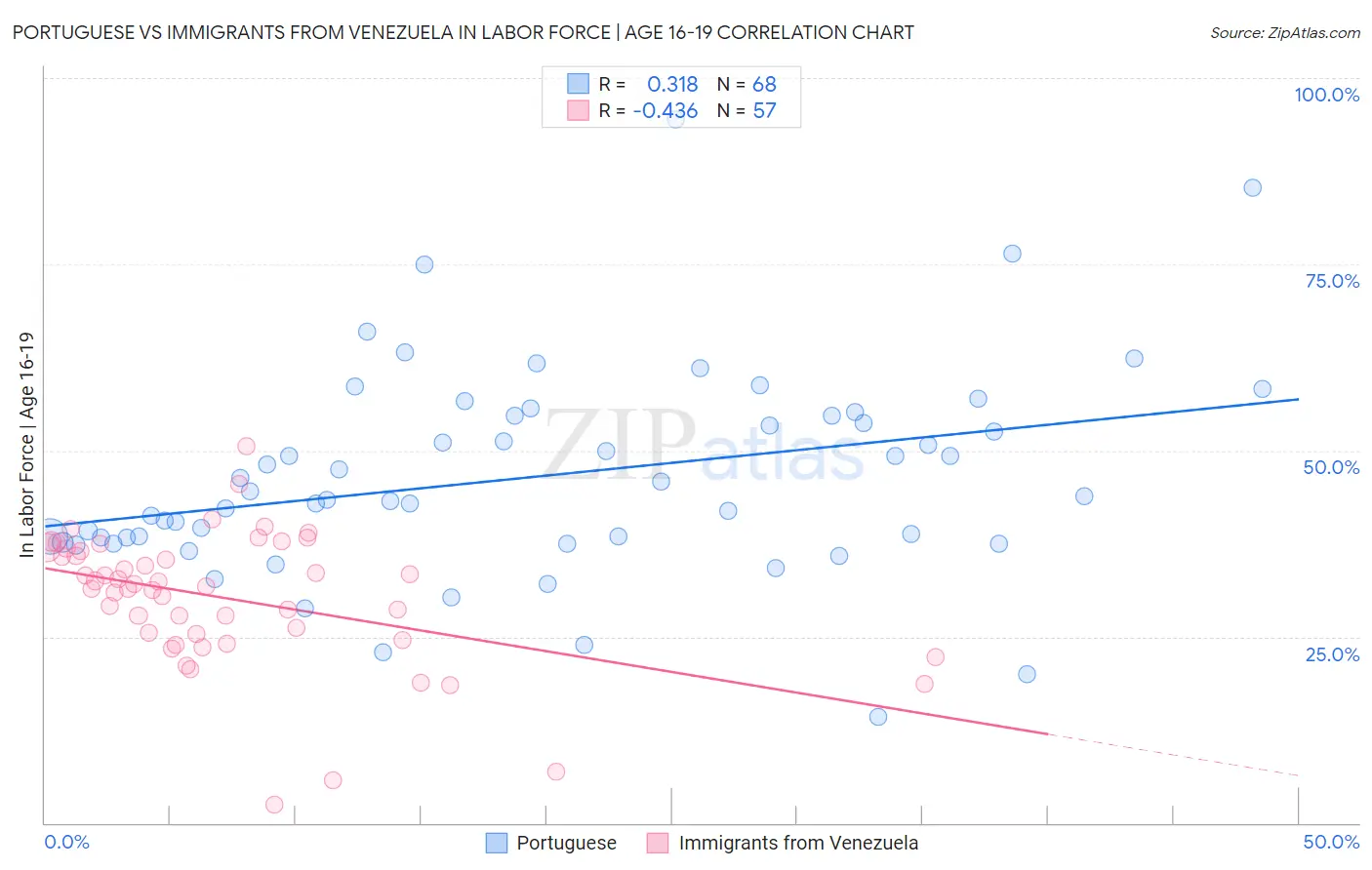 Portuguese vs Immigrants from Venezuela In Labor Force | Age 16-19