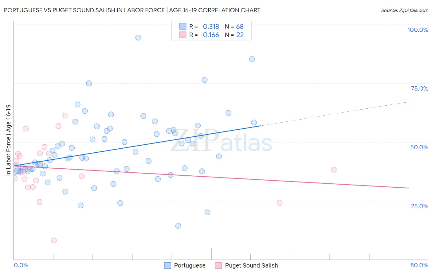 Portuguese vs Puget Sound Salish In Labor Force | Age 16-19