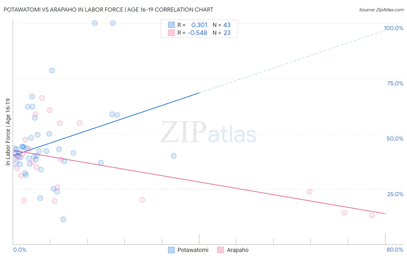 Potawatomi vs Arapaho In Labor Force | Age 16-19