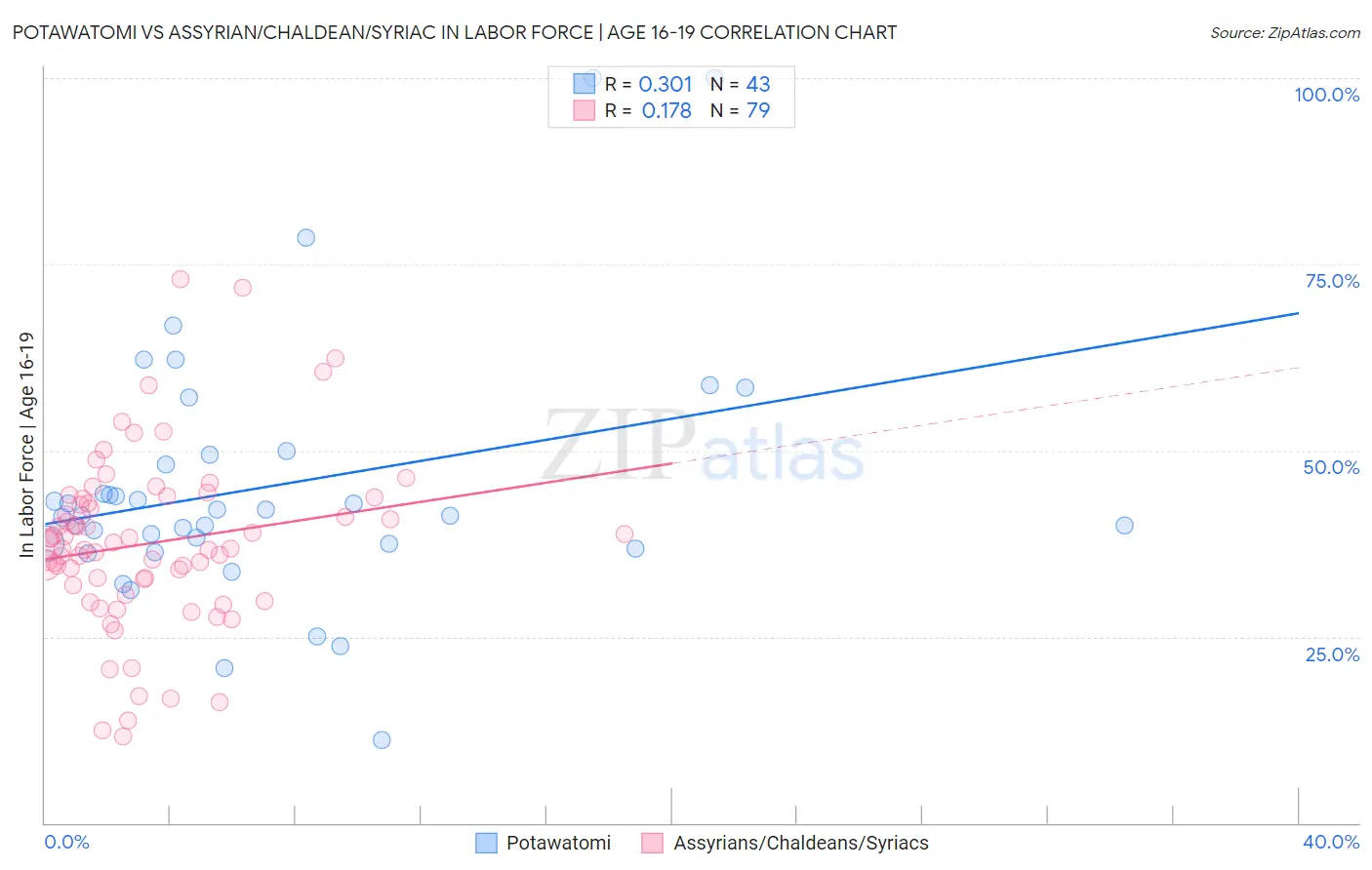 Potawatomi vs Assyrian/Chaldean/Syriac In Labor Force | Age 16-19
