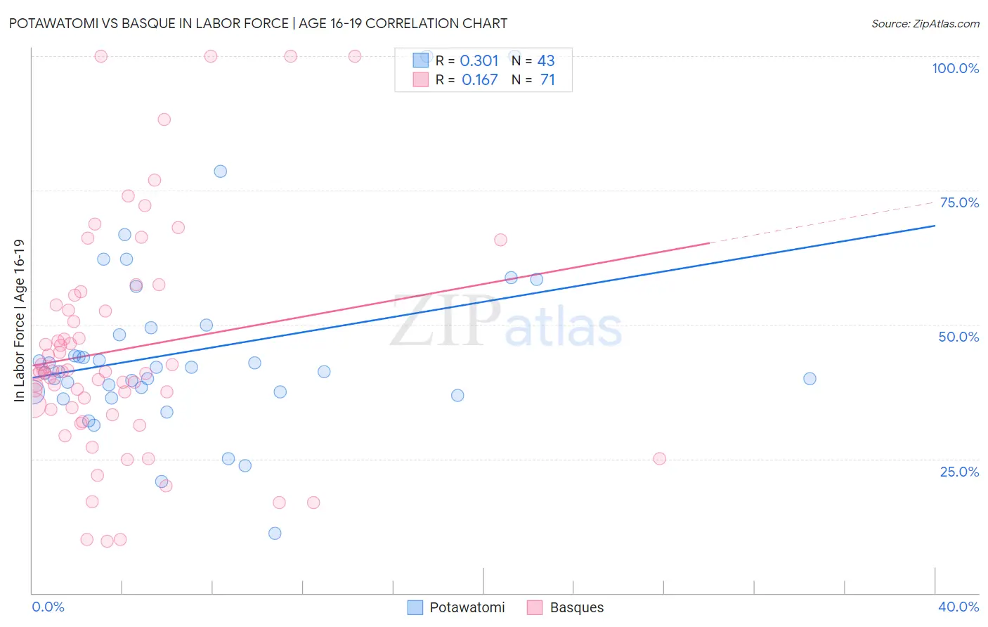 Potawatomi vs Basque In Labor Force | Age 16-19