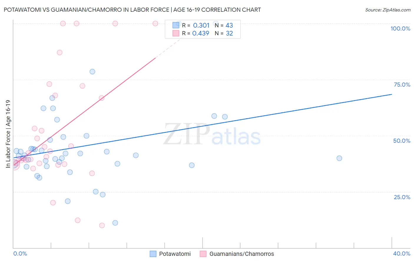 Potawatomi vs Guamanian/Chamorro In Labor Force | Age 16-19