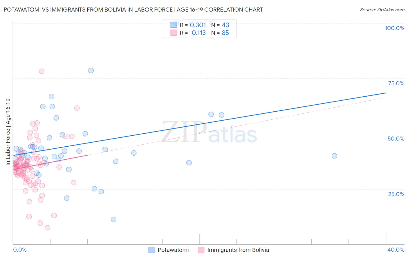 Potawatomi vs Immigrants from Bolivia In Labor Force | Age 16-19