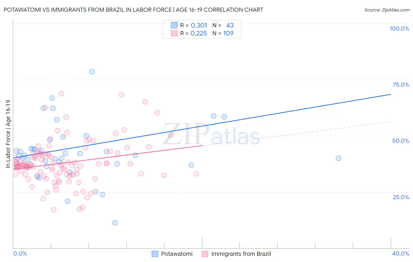 Potawatomi vs Immigrants from Brazil In Labor Force | Age 16-19