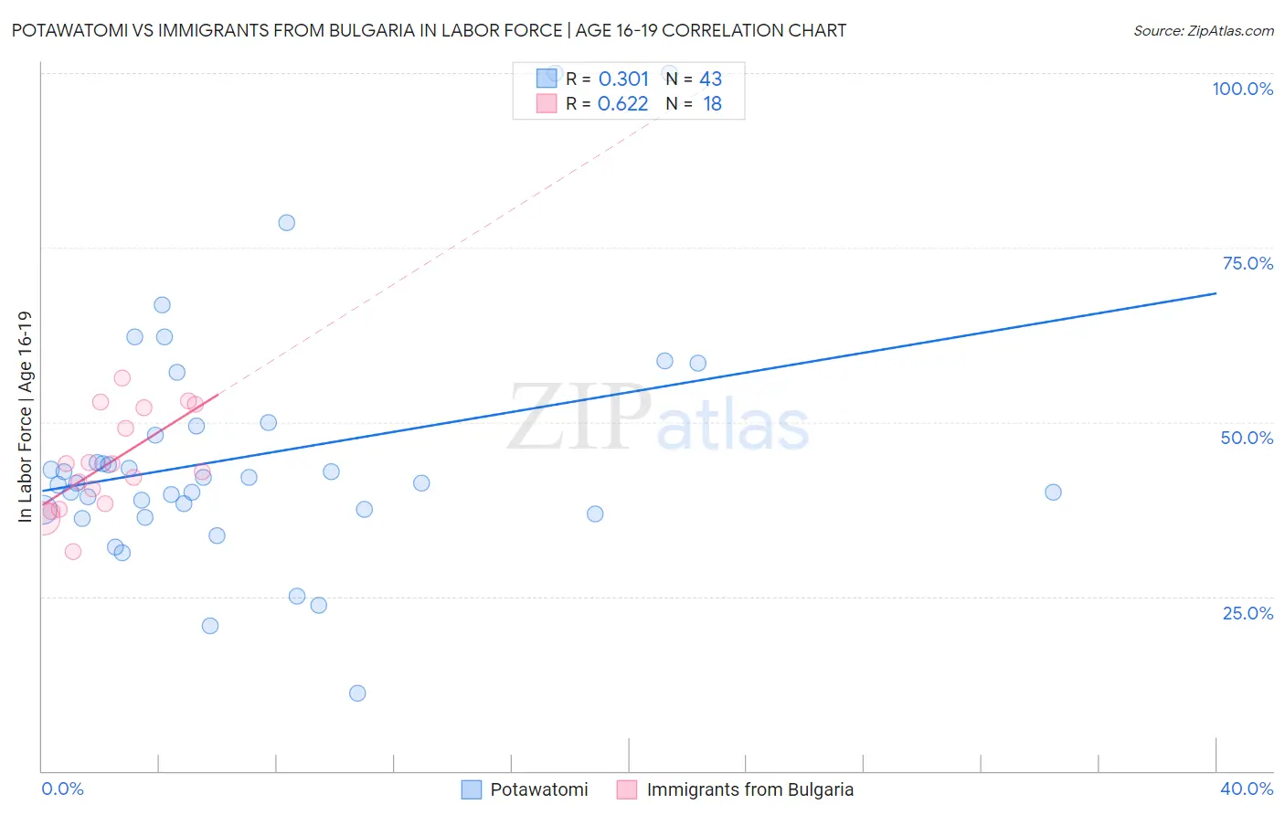 Potawatomi vs Immigrants from Bulgaria In Labor Force | Age 16-19