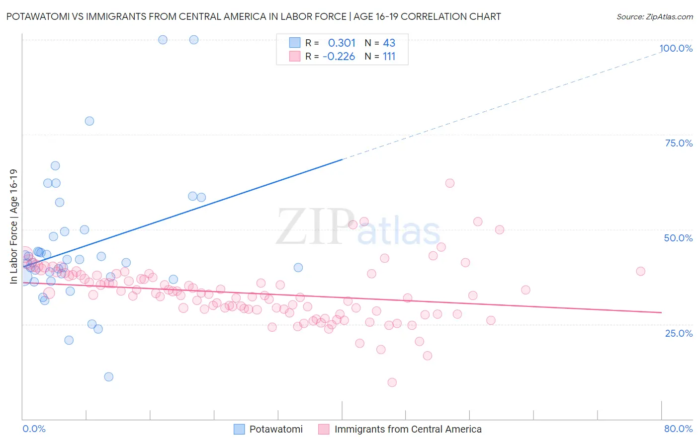 Potawatomi vs Immigrants from Central America In Labor Force | Age 16-19