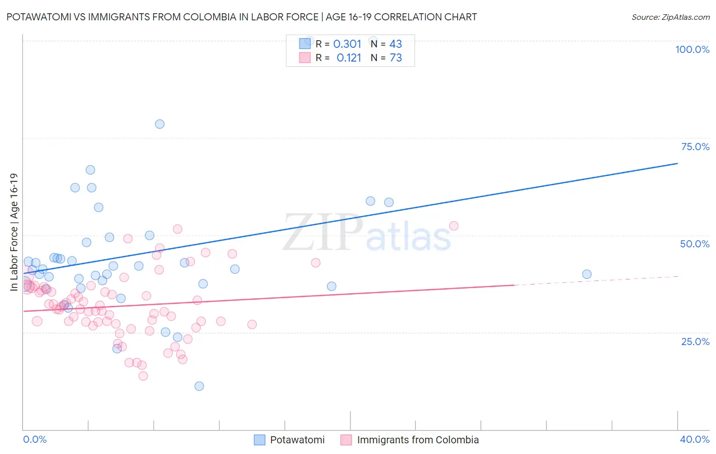 Potawatomi vs Immigrants from Colombia In Labor Force | Age 16-19