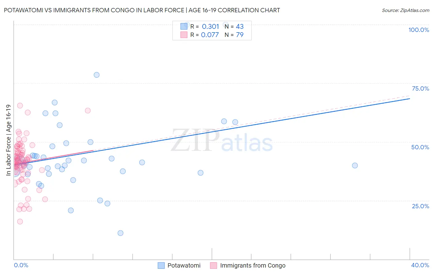 Potawatomi vs Immigrants from Congo In Labor Force | Age 16-19