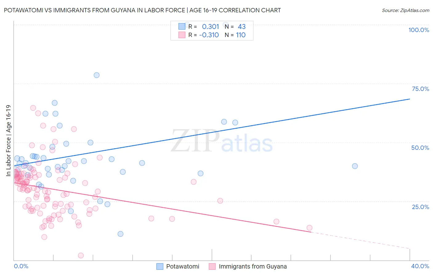 Potawatomi vs Immigrants from Guyana In Labor Force | Age 16-19