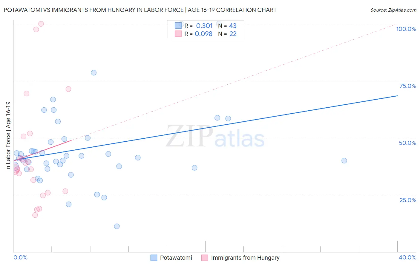 Potawatomi vs Immigrants from Hungary In Labor Force | Age 16-19