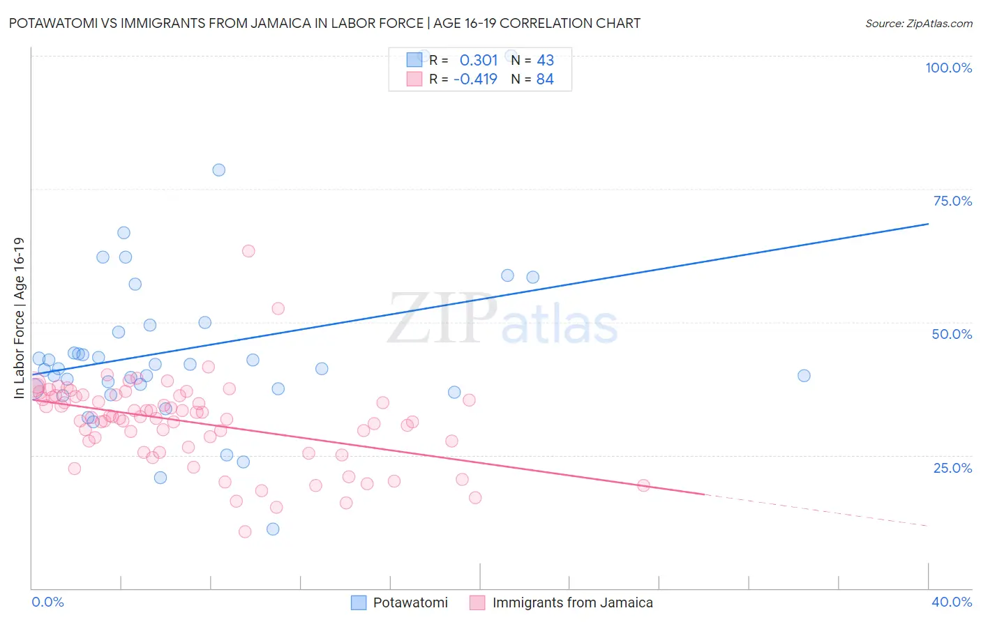 Potawatomi vs Immigrants from Jamaica In Labor Force | Age 16-19