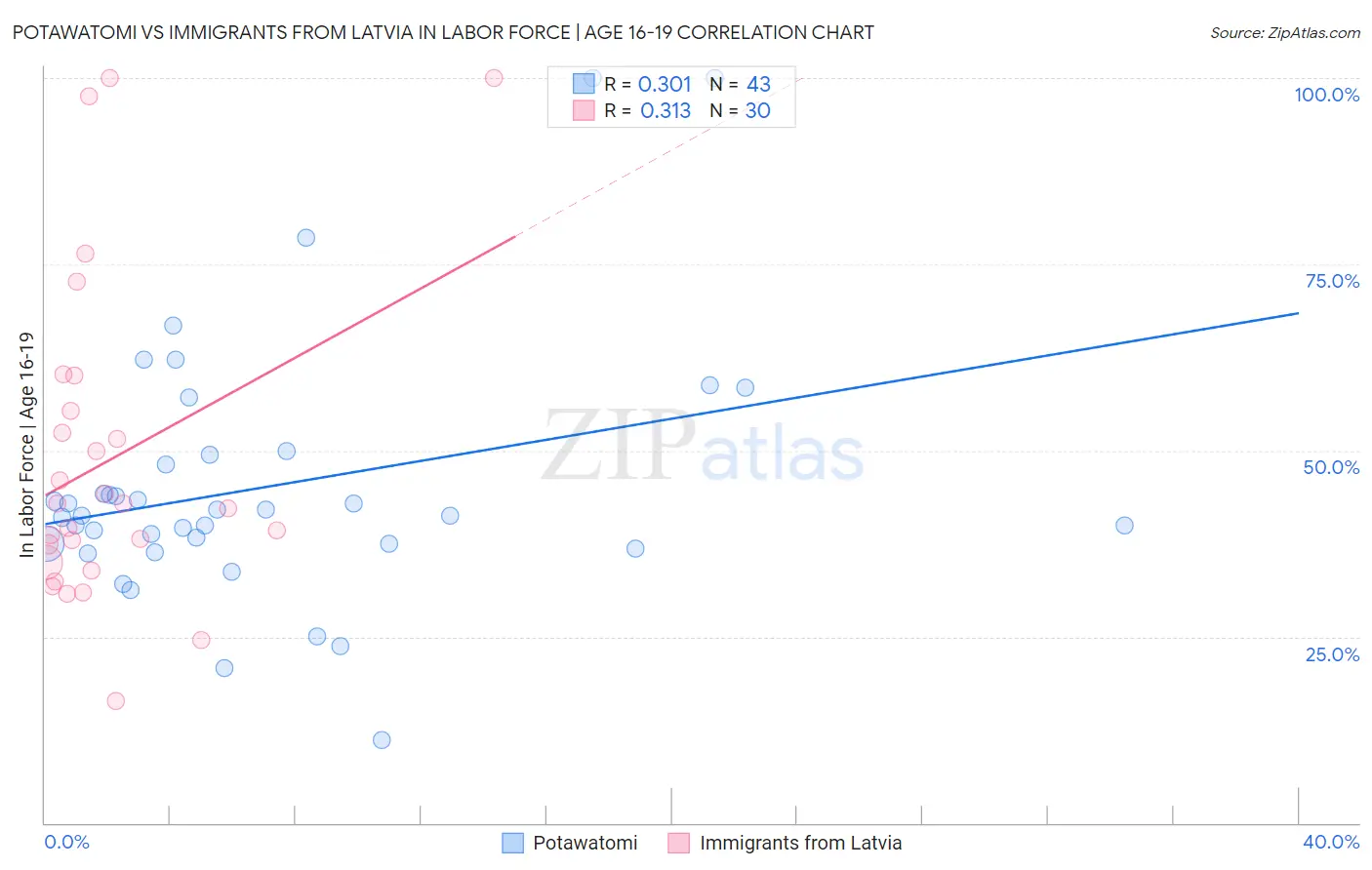 Potawatomi vs Immigrants from Latvia In Labor Force | Age 16-19