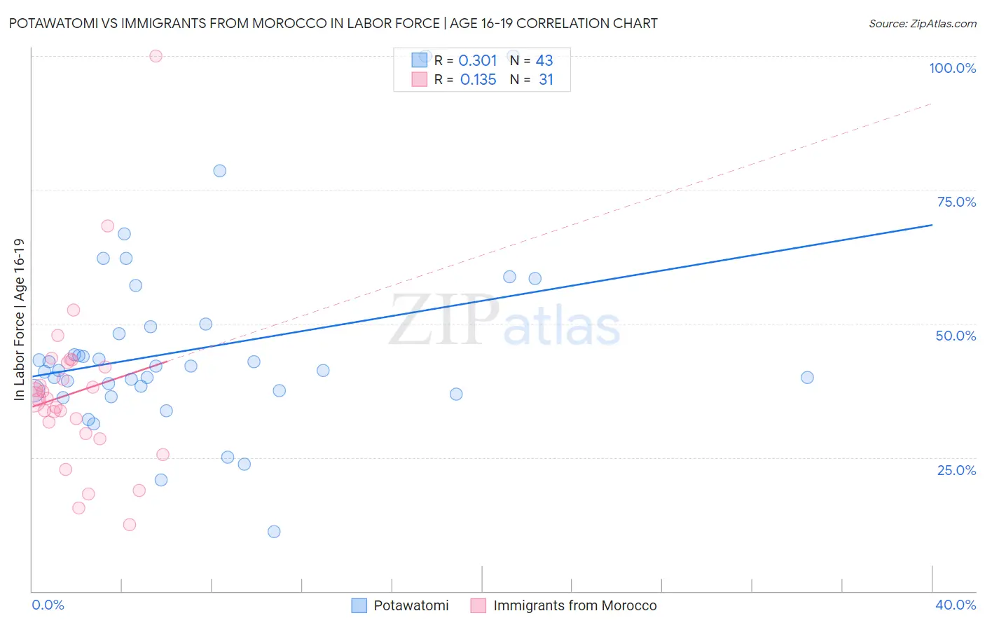 Potawatomi vs Immigrants from Morocco In Labor Force | Age 16-19