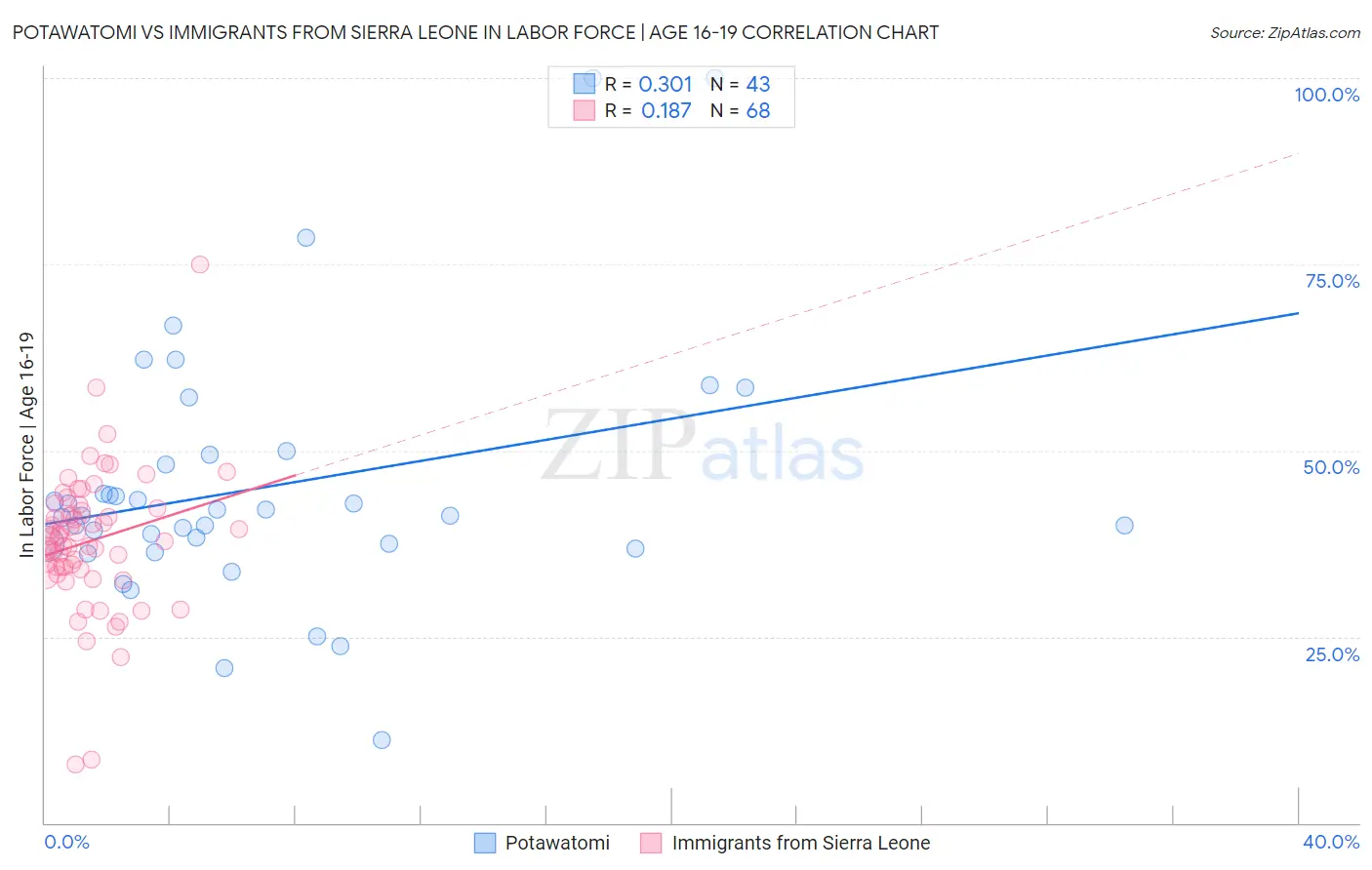 Potawatomi vs Immigrants from Sierra Leone In Labor Force | Age 16-19