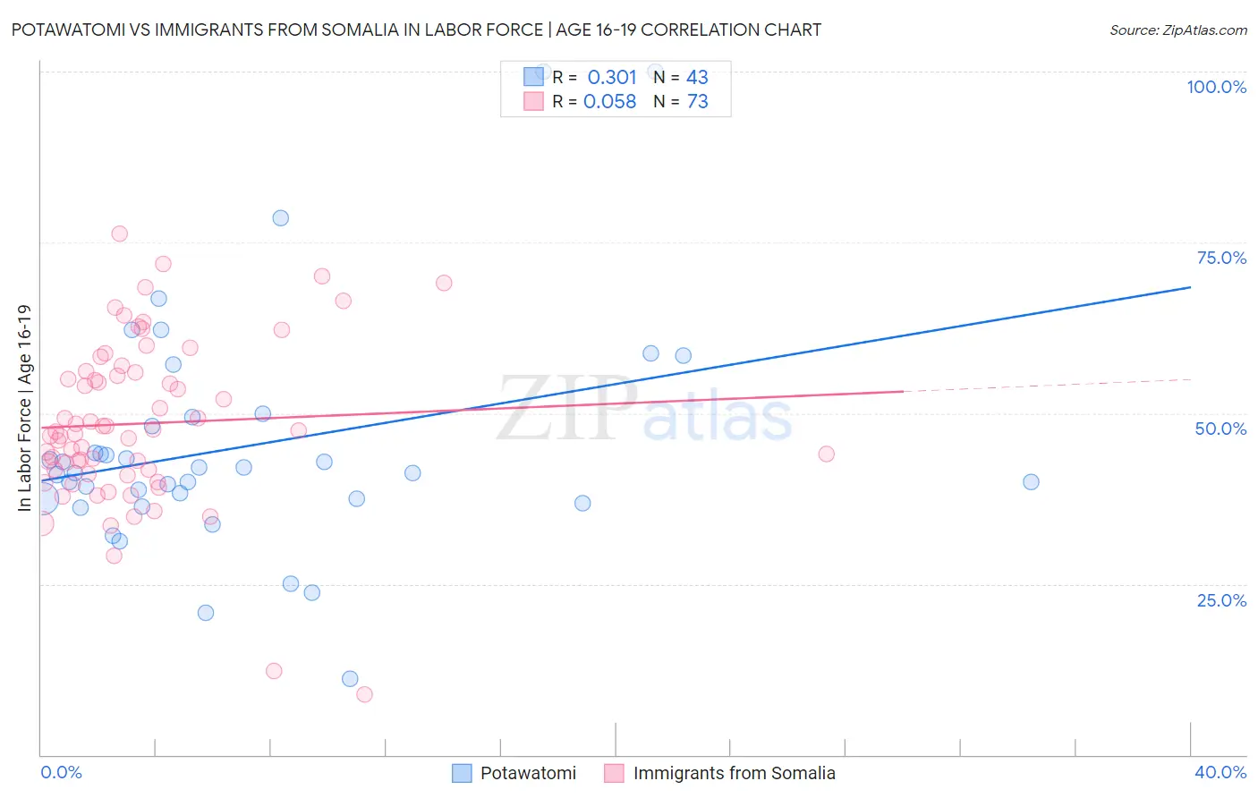 Potawatomi vs Immigrants from Somalia In Labor Force | Age 16-19