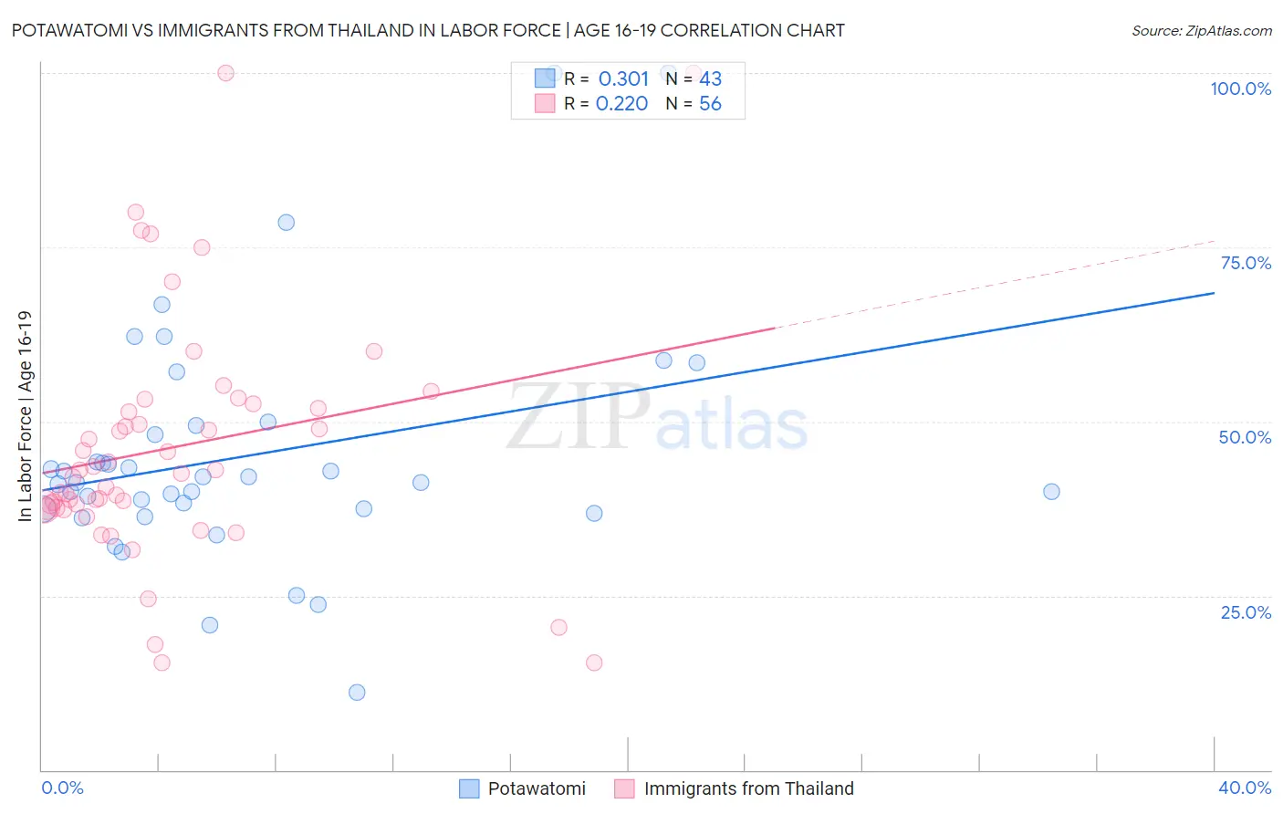 Potawatomi vs Immigrants from Thailand In Labor Force | Age 16-19