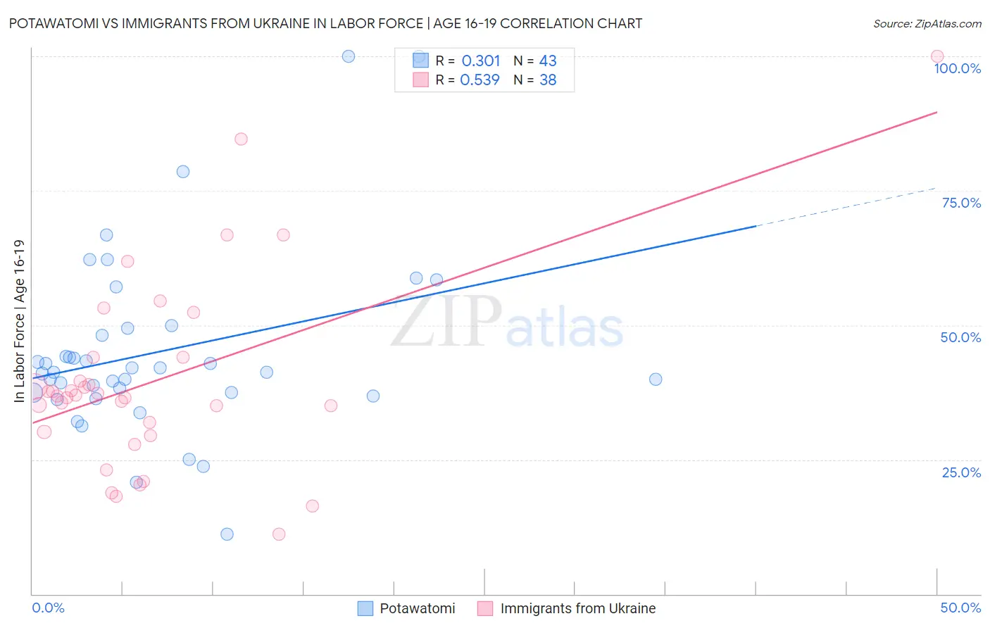 Potawatomi vs Immigrants from Ukraine In Labor Force | Age 16-19