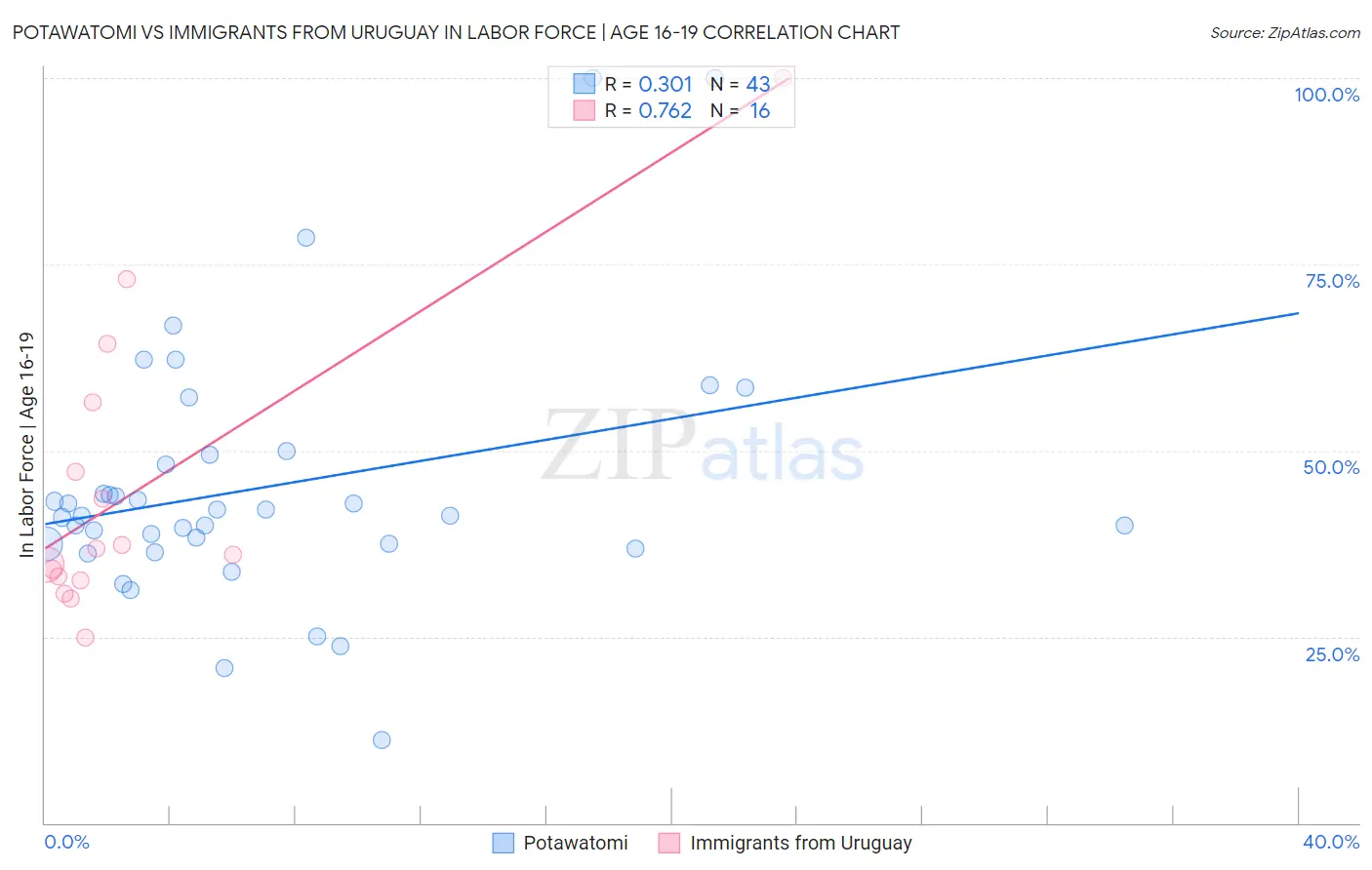 Potawatomi vs Immigrants from Uruguay In Labor Force | Age 16-19