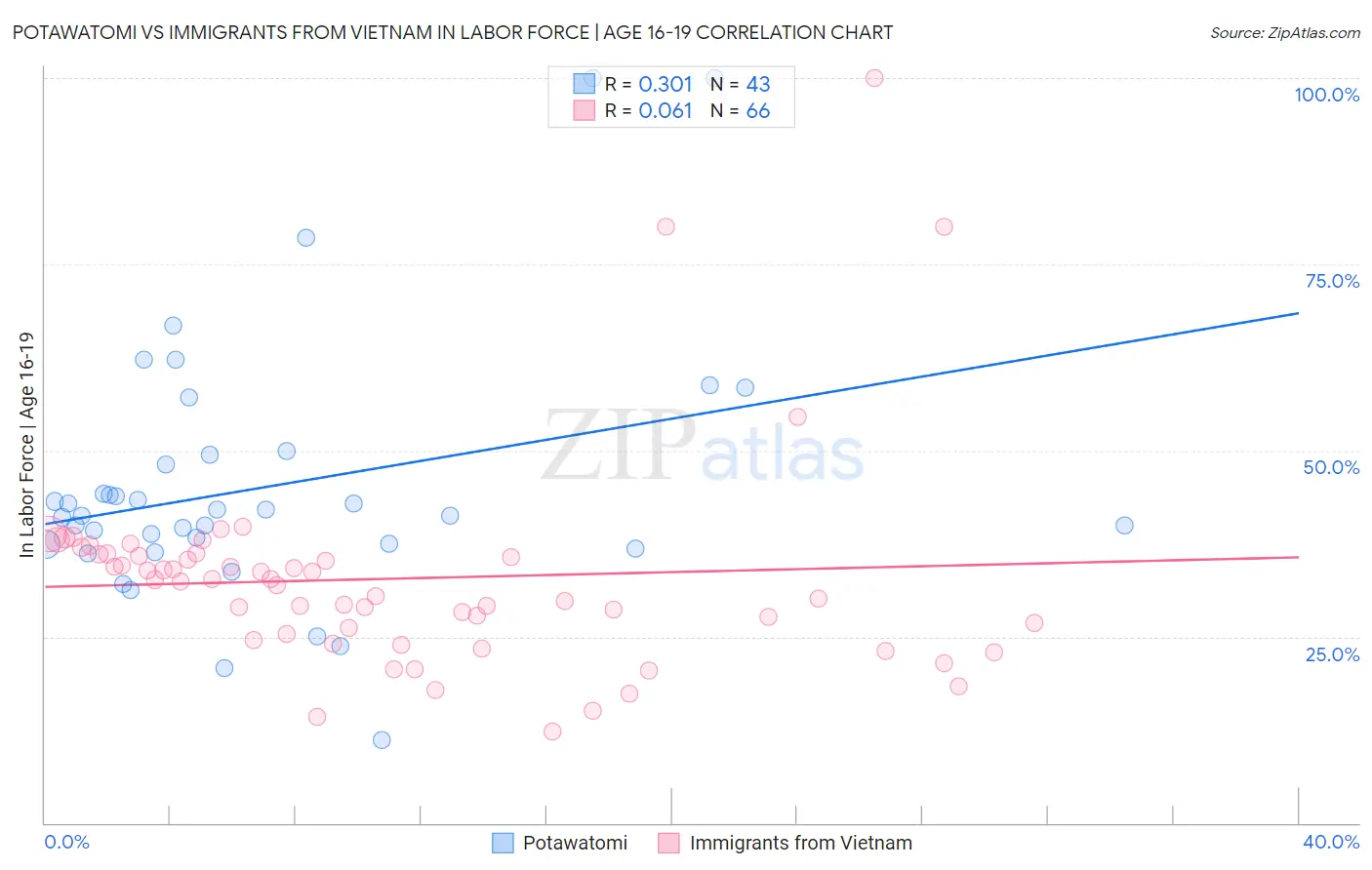 Potawatomi vs Immigrants from Vietnam In Labor Force | Age 16-19