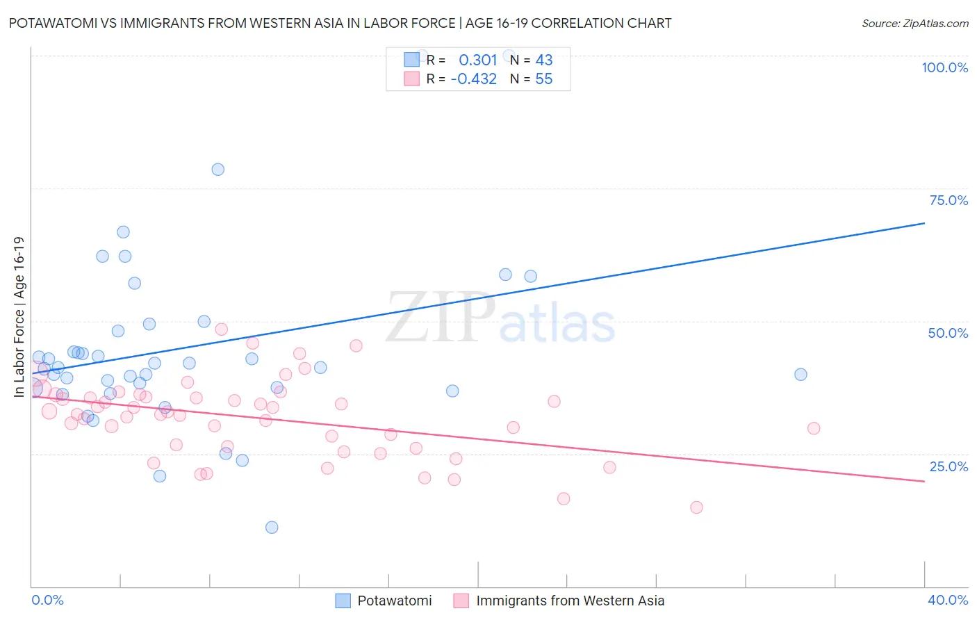 Potawatomi vs Immigrants from Western Asia In Labor Force | Age 16-19
